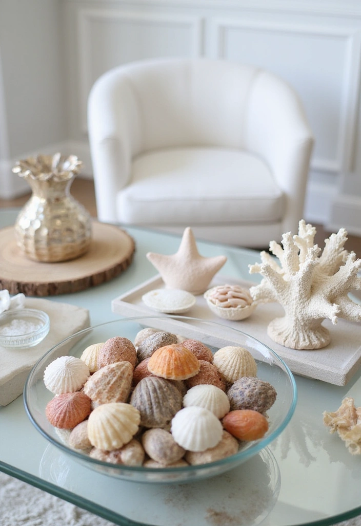 26 Coastal Living Room Ideas - 10. Shell and Coral Accents