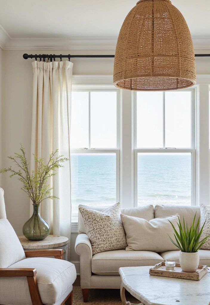 26 Coastal Living Room Ideas - 11. Light Fixtures That Shine