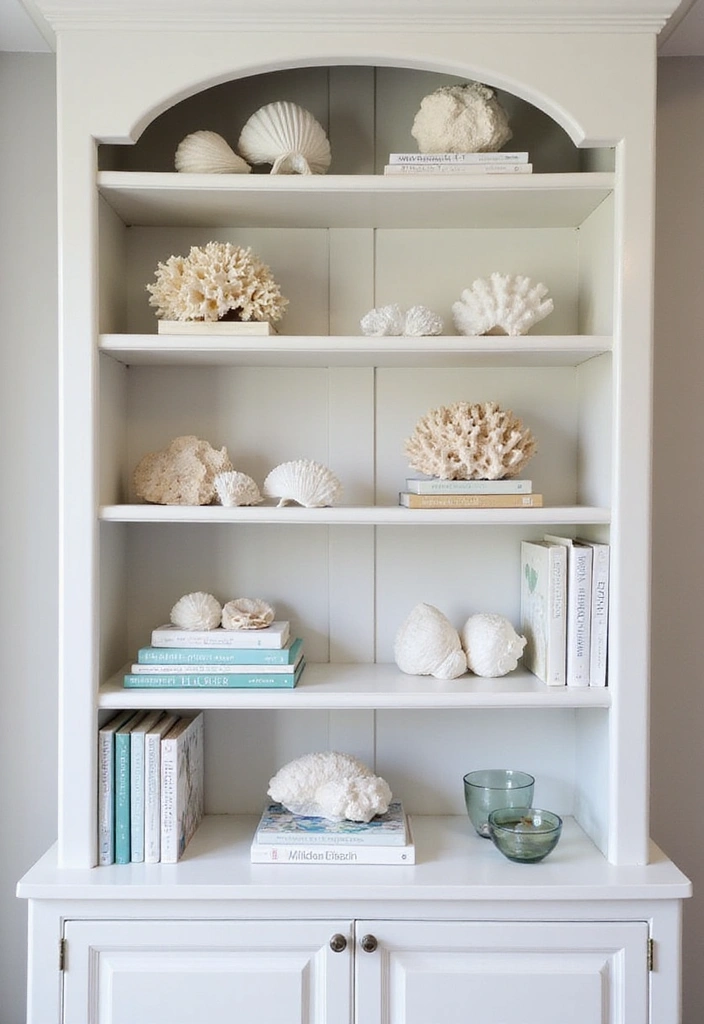 26 Coastal Living Room Ideas - 12. Open Shelving with Coastal Decor