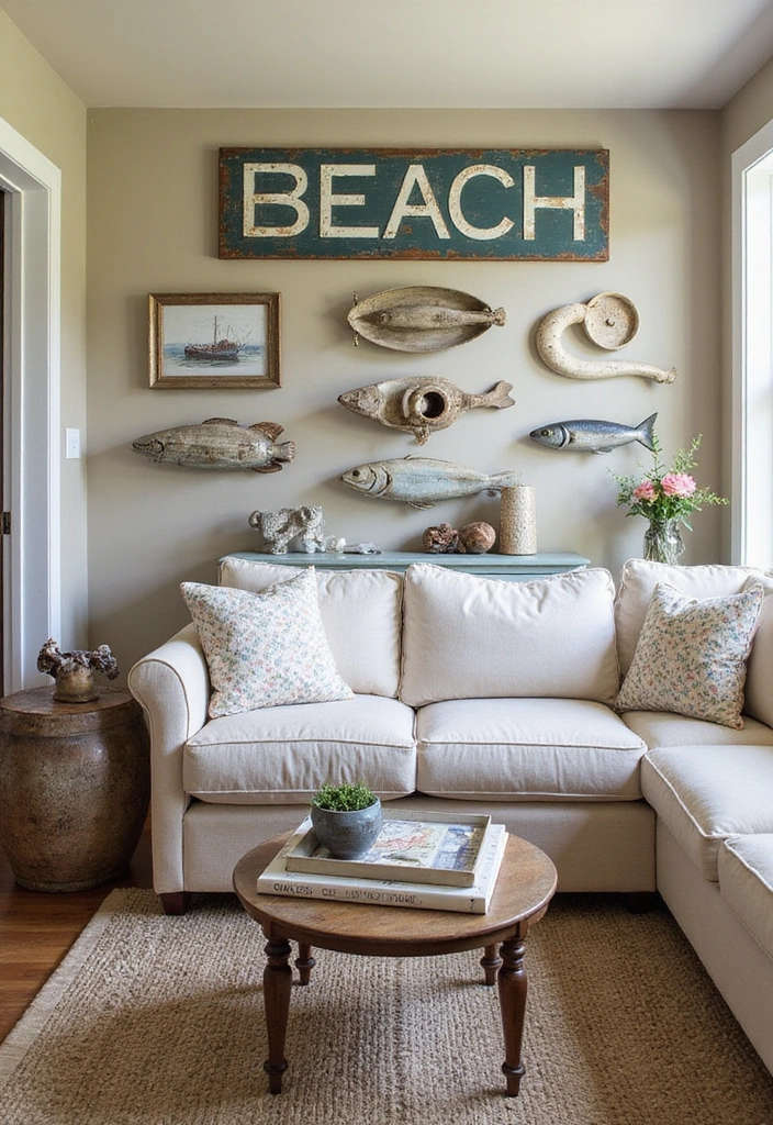 26 Coastal Living Room Ideas - 14. Vintage Coastal Finds
