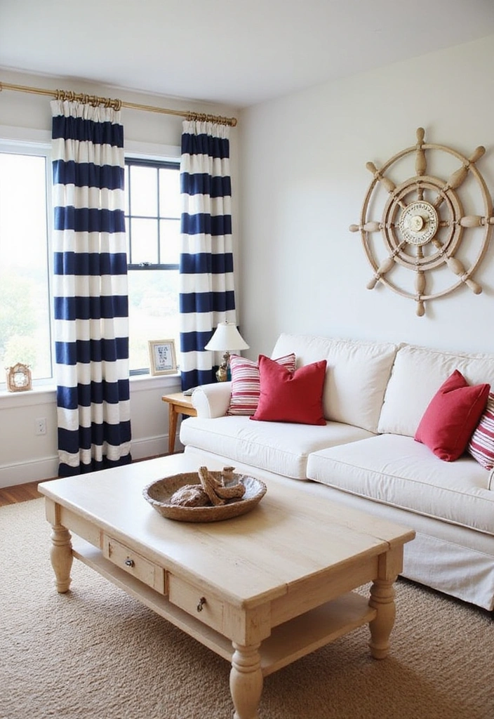 26 Coastal Living Room Ideas - 2. Nautical Stripes and Patterns