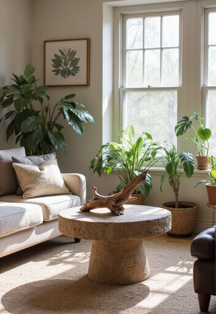 26 Coastal Living Room Ideas - 7. Natural Elements in Decor