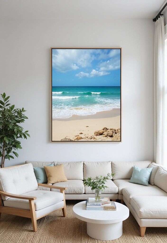 26 Coastal Living Room Ideas - 8. Seaside-Inspired Artwork