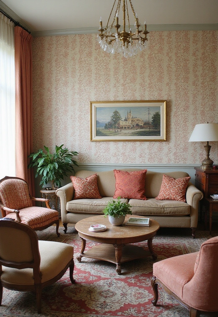 26 Eco-Friendly Accent Wall Ideas for Your Living Room - 11. Vintage Wallpaper Accent Wall