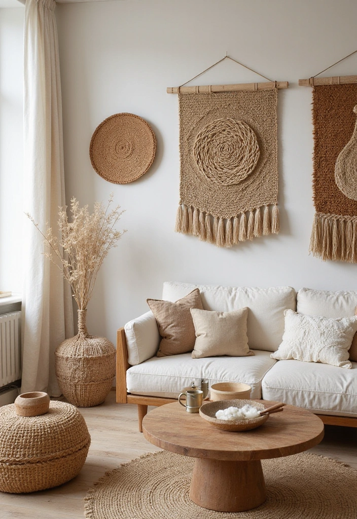 26 Eco-Friendly Accent Wall Ideas for Your Living Room - 12. Natural Fiber Wall Hangings