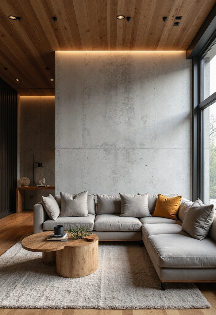 26 Eco-Friendly Accent Wall Ideas for Your Living Room - 14. Eco-Friendly Concrete Wall