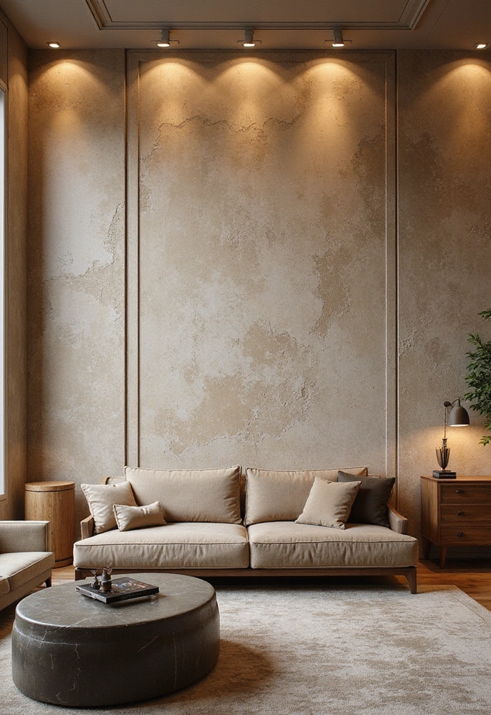 26 Eco-Friendly Accent Wall Ideas for Your Living Room - 16. Artisanal Plaster Wall