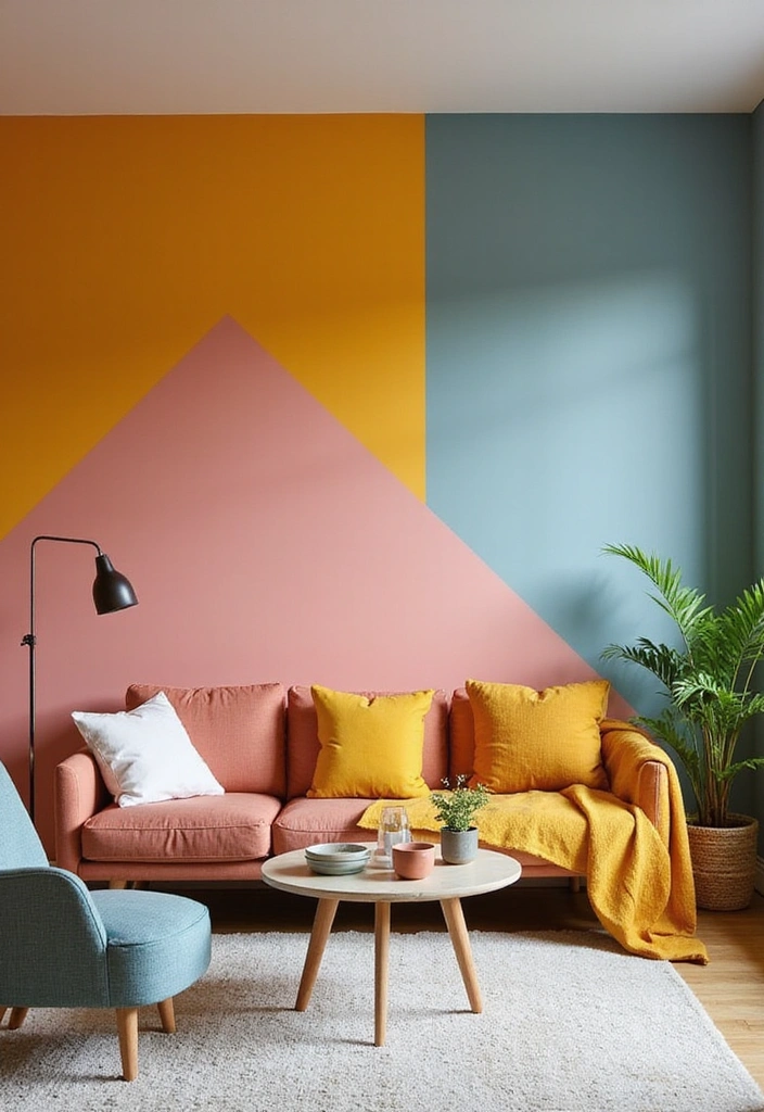 26 Eco-Friendly Accent Wall Ideas for Your Living Room - 19. Color Blocked Accent Wall
