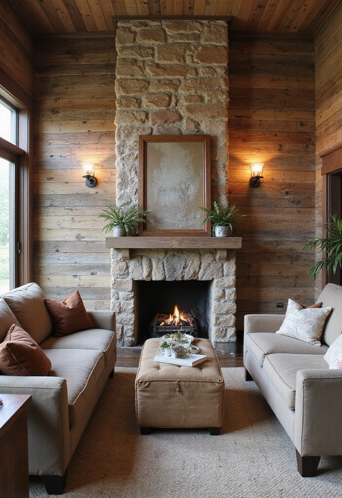 26 Eco-Friendly Accent Wall Ideas for Your Living Room - 20. Distressed Wood Accent Wall