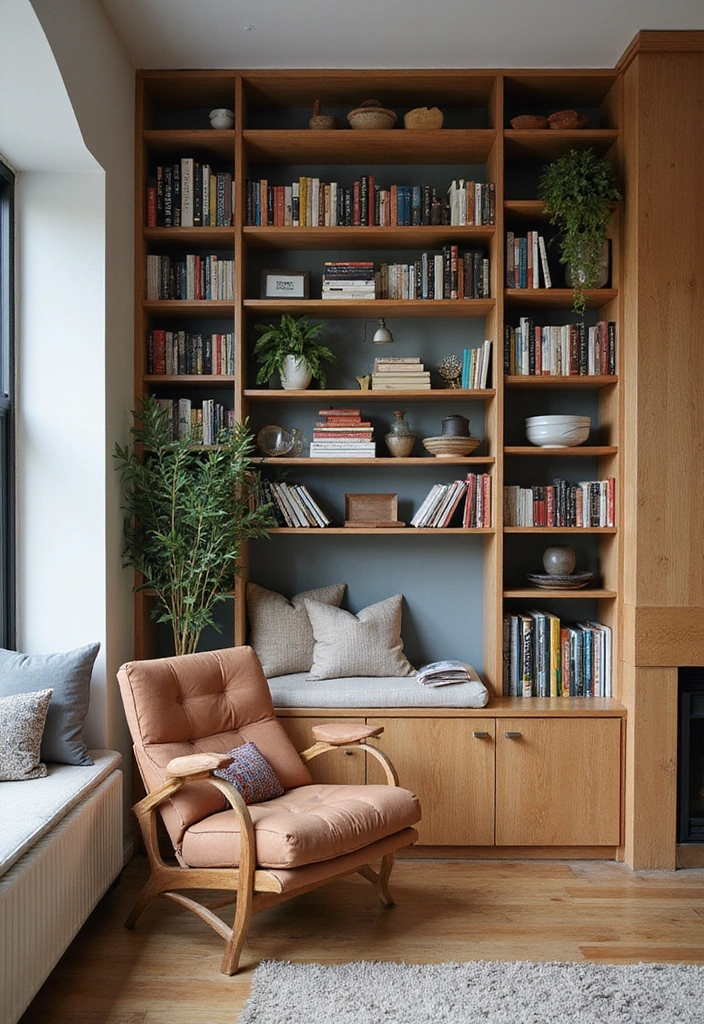 26 Eco-Friendly Accent Wall Ideas for Your Living Room - 21. Multi-Functional Book Wall