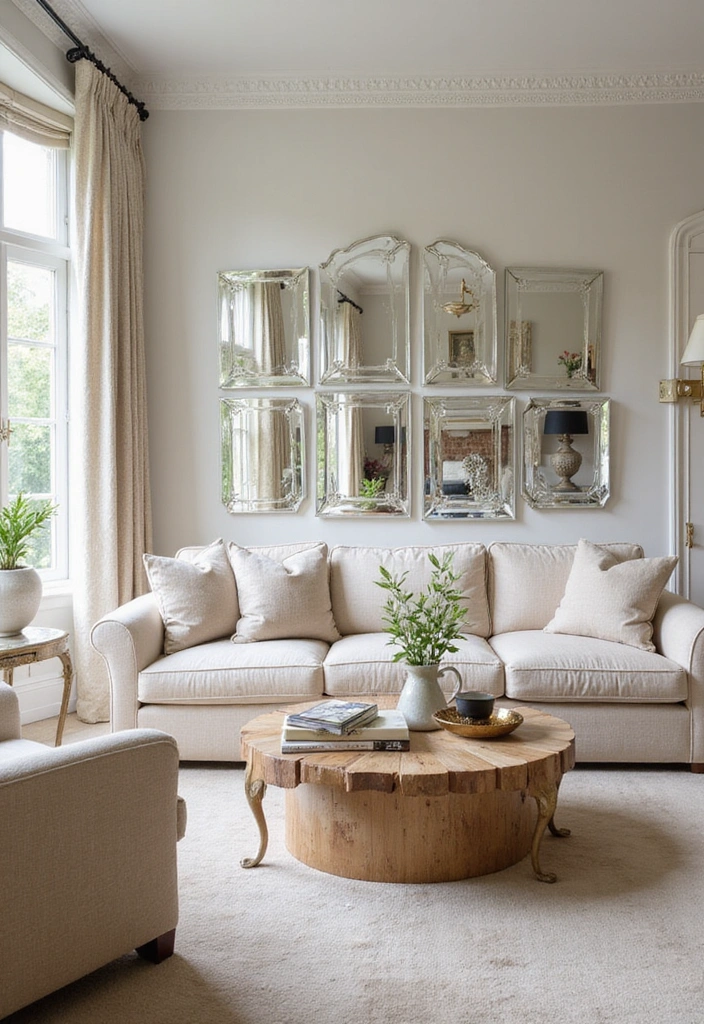26 Eco-Friendly Accent Wall Ideas for Your Living Room - 25. Reflective Mirror Wall