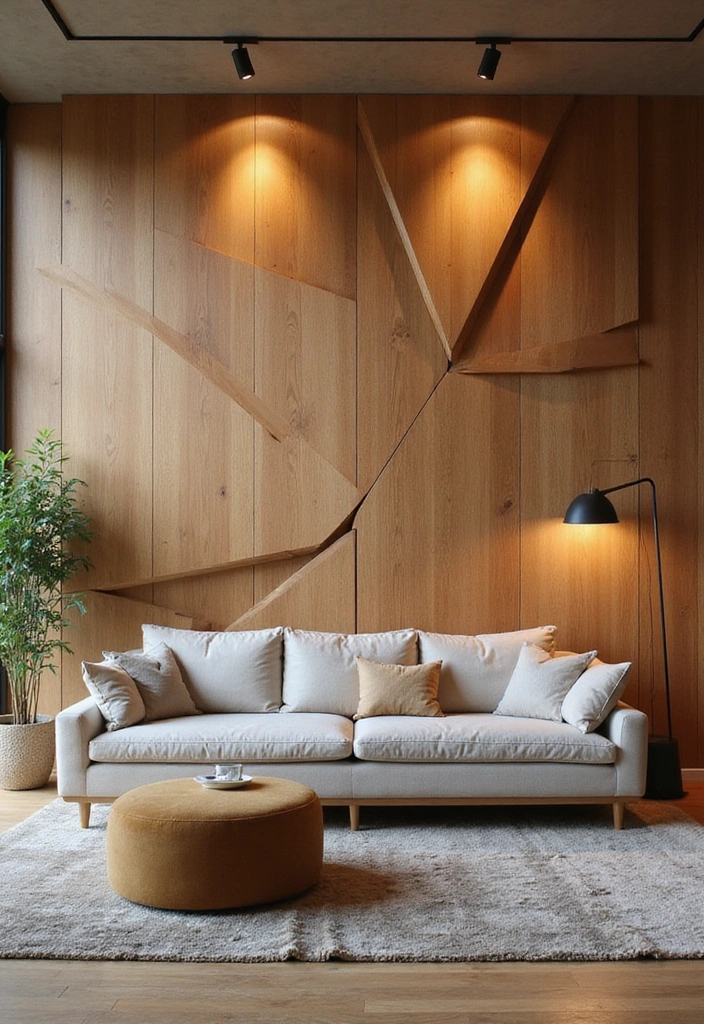 26 Eco-Friendly Accent Wall Ideas for Your Living Room - 8. Geometric Wood Paneling