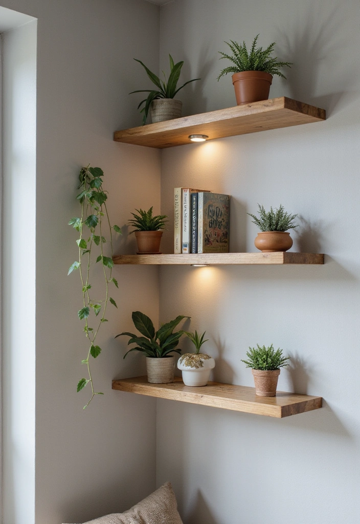 26 Minimalist Floating Shelf Ideas for Small Spaces - 1. Corner Floating Shelves