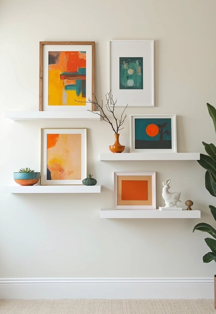26 Minimalist Floating Shelf Ideas for Small Spaces - 3. Floating Shelf Gallery Wall