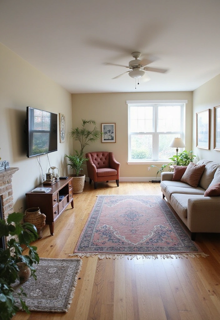 26 Small Living Room Ideas with TV - 16. Partitioning with Rugs
