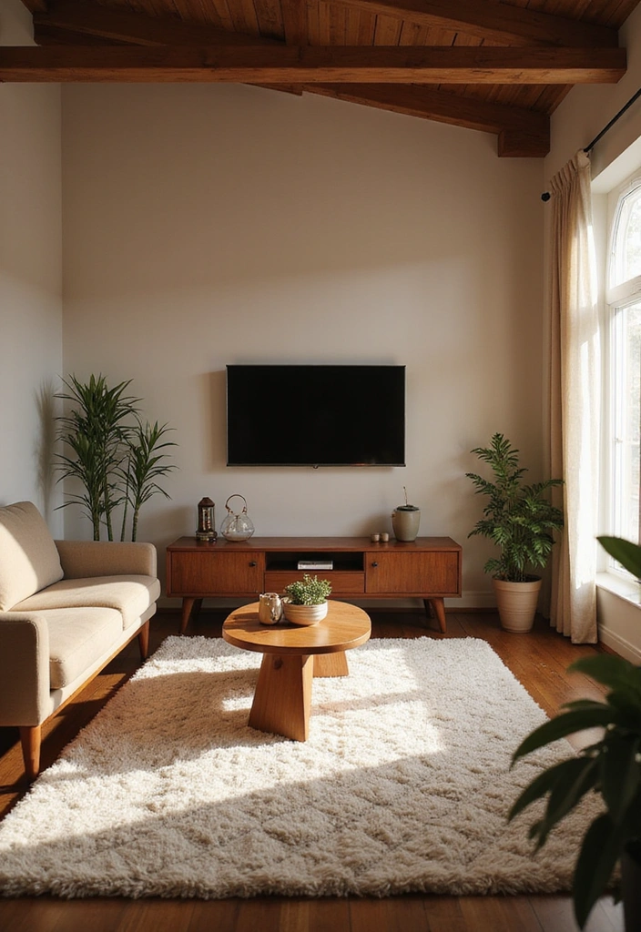 26 Small Living Room Ideas with TV - 7. Cozy Rug Under the TV
