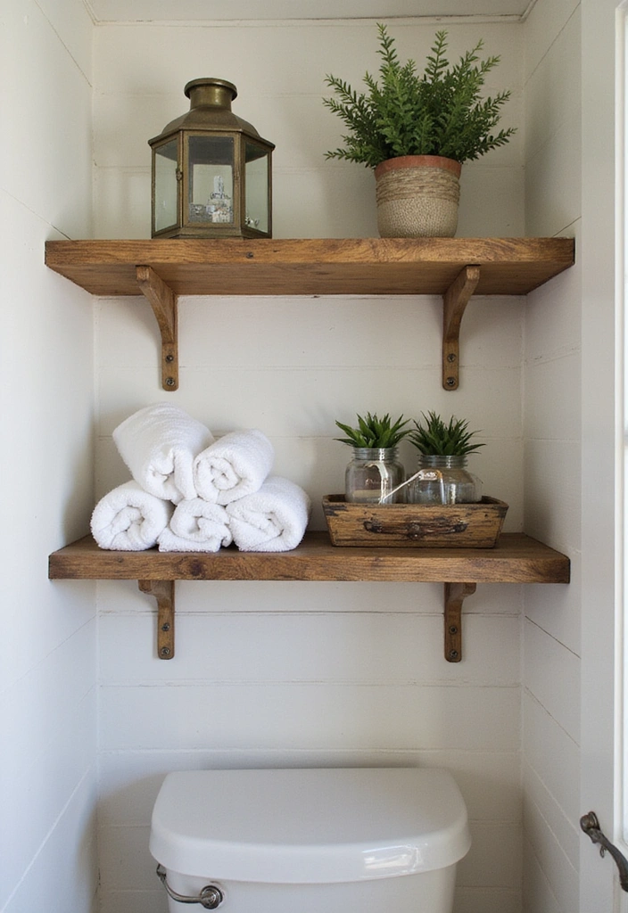 26 Small Rustic Bathroom Ideas - 1. Reclaimed Wood Shelves