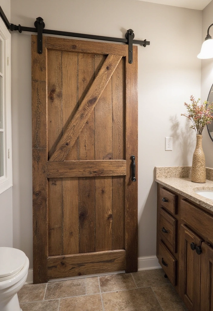 26 Small Rustic Bathroom Ideas - 11. Sliding Barn Door