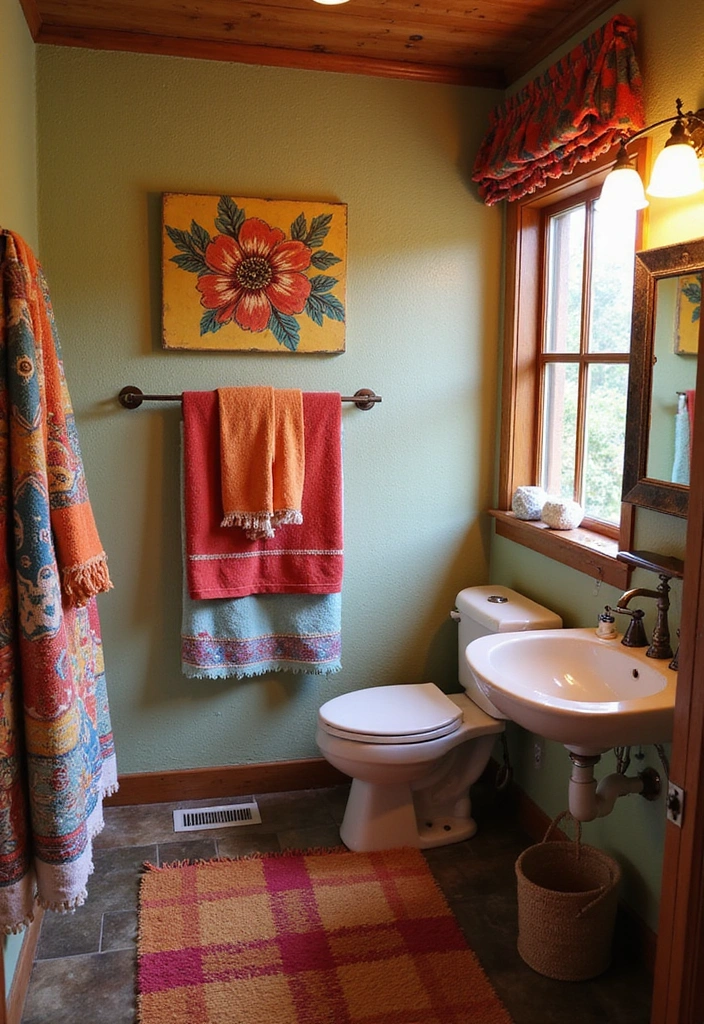 26 Small Rustic Bathroom Ideas - 19. Colorful Accents