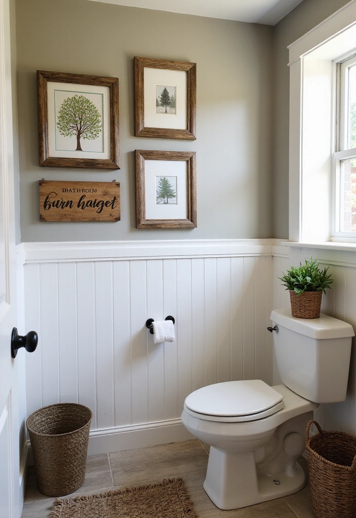 26 Small Rustic Bathroom Ideas - 23. Creative Wall Art