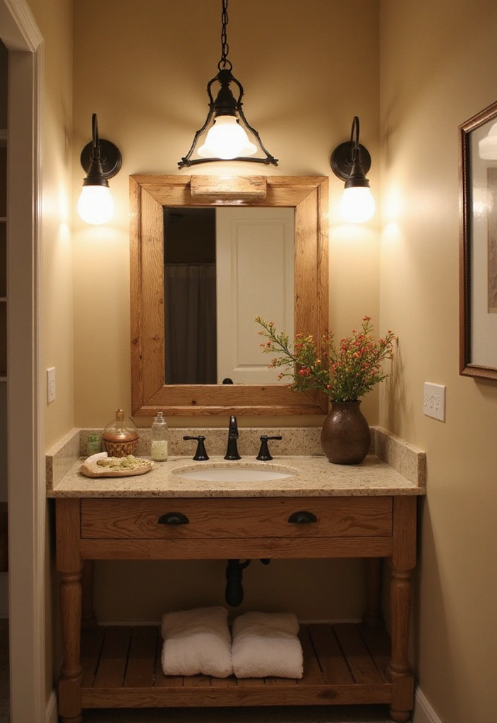 26 Small Rustic Bathroom Ideas - 3. Farmhouse Style Lighting