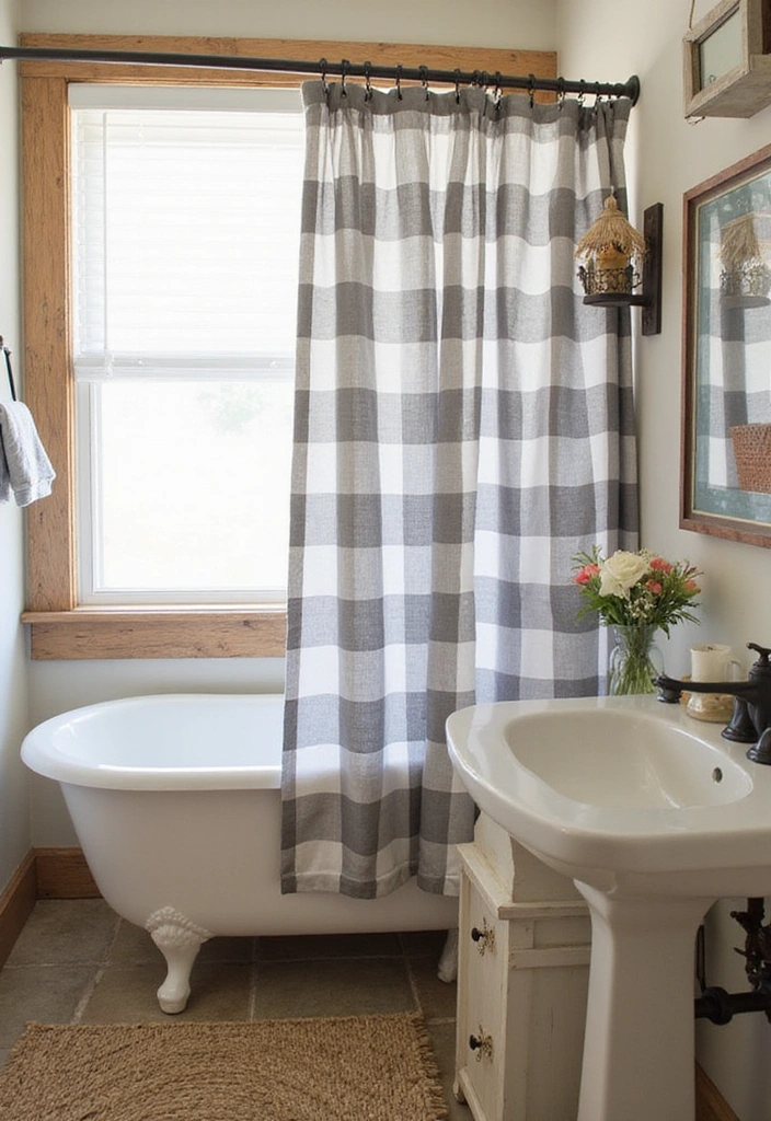 26 Small Rustic Bathroom Ideas - 8. Farmhouse Shower Curtain
