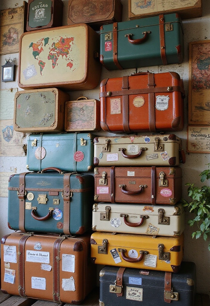 27 Bohemian-Inspired Living Room Wall Decor Ideas - 13. Vintage Suitcases as Wall Art