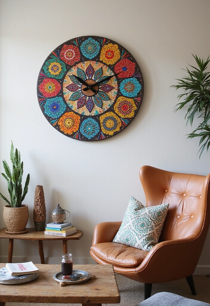 27 Bohemian-Inspired Living Room Wall Decor Ideas - 14. Whimsical Wall Clock