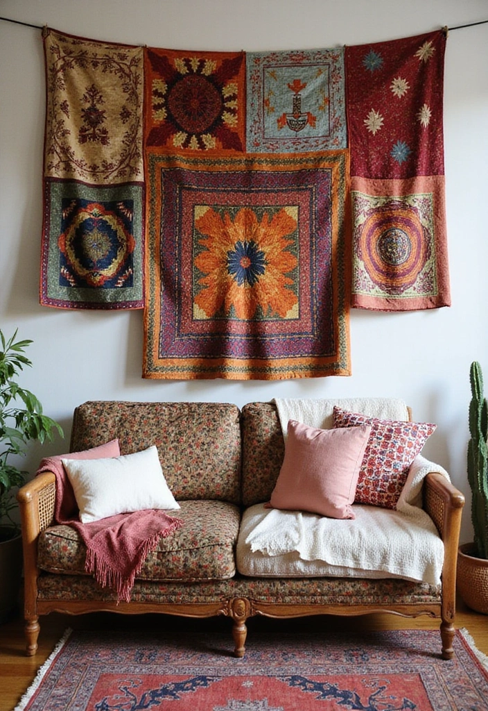27 Bohemian-Inspired Living Room Wall Decor Ideas - 15. Layered Textiles and Rugs