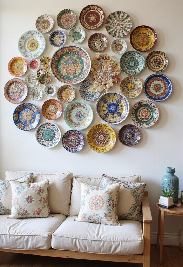 27 Bohemian-Inspired Living Room Wall Decor Ideas - 17. Unique Wall Plates