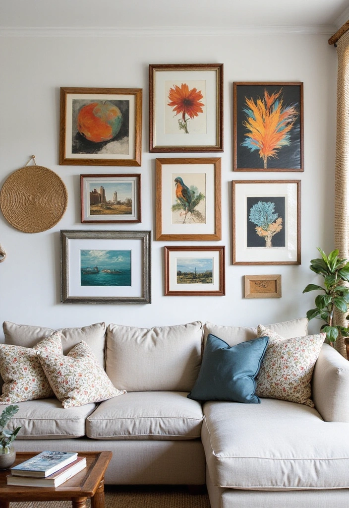 27 Bohemian-Inspired Living Room Wall Decor Ideas - 2. Gallery Wall of Eclectic Art
