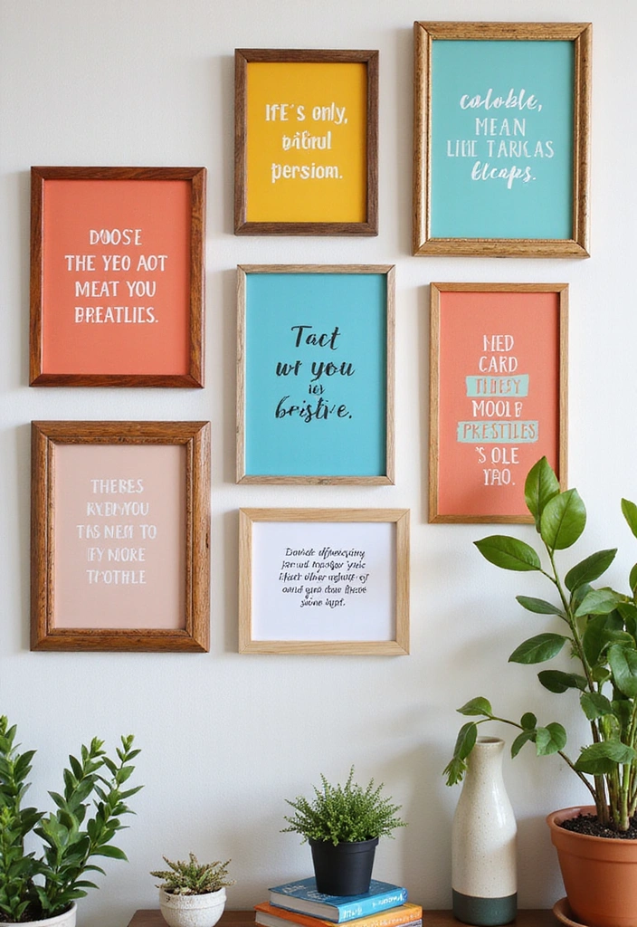 27 Bohemian-Inspired Living Room Wall Decor Ideas - 20. Colorful Framed Quotes