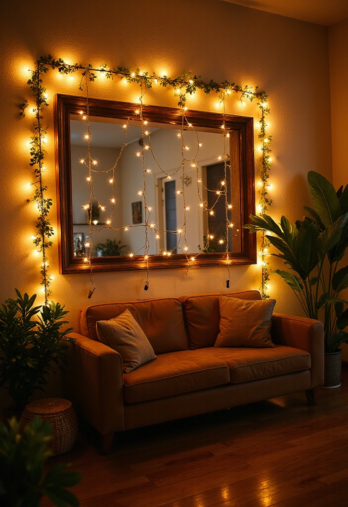 27 Bohemian-Inspired Living Room Wall Decor Ideas - 21. Artful String Lights