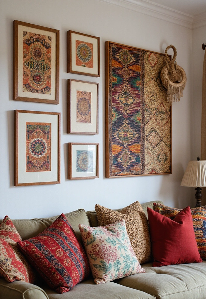 27 Bohemian-Inspired Living Room Wall Decor Ideas - 5. Ethnic Prints and Fabrics