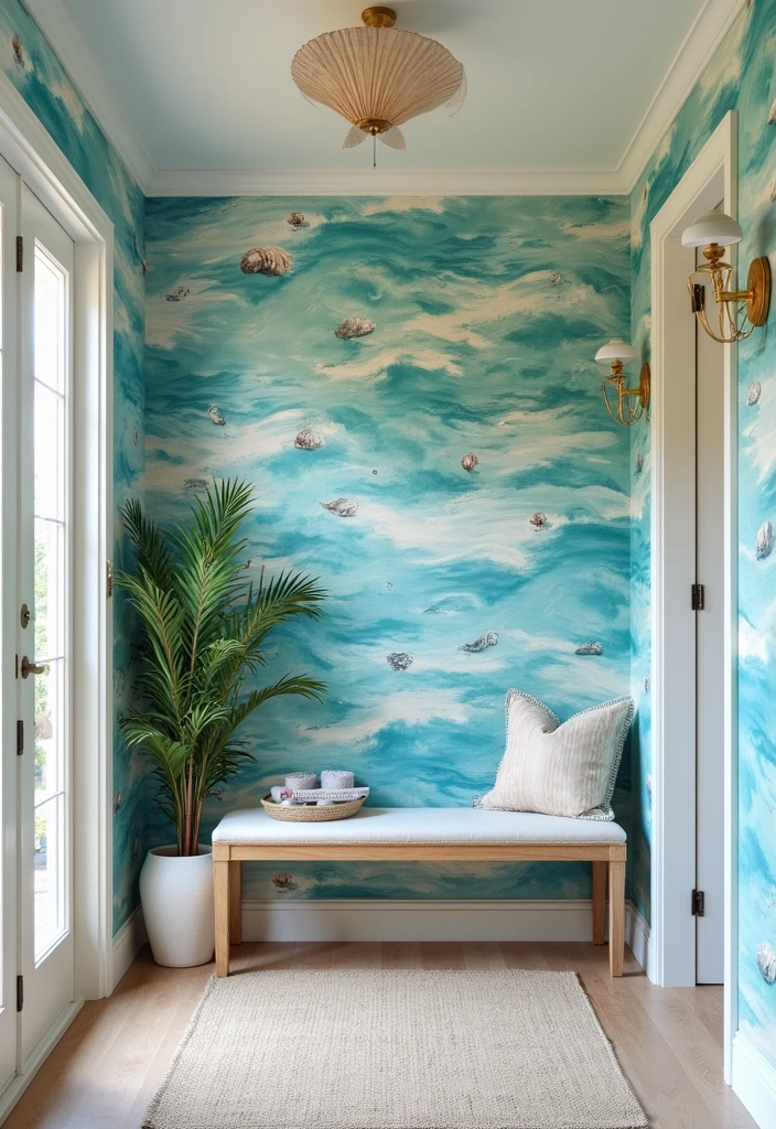 27 Coastal Beach House Entryway Ideas - 18. Coastal-themed Wallpaper