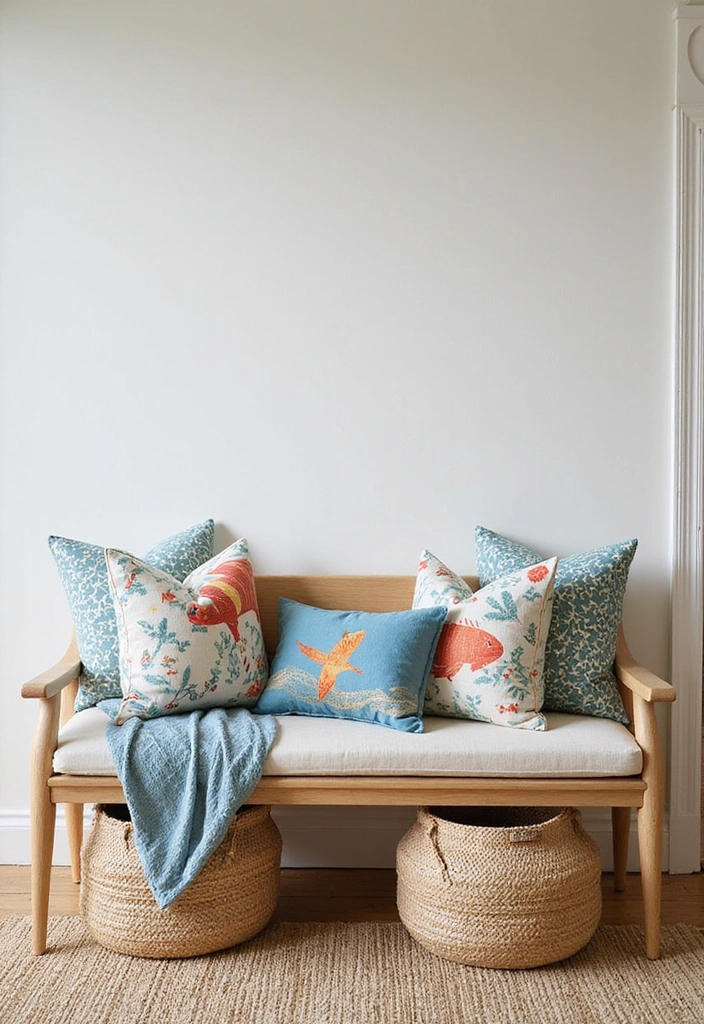 27 Coastal Beach House Entryway Ideas - 20. Ocean-themed Pillows