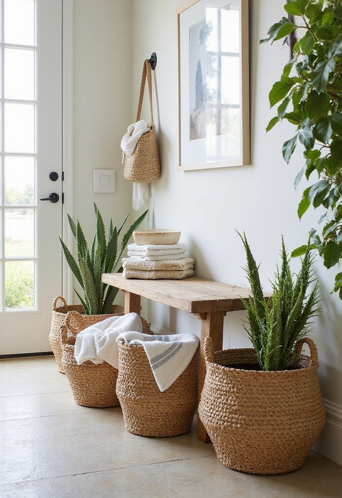 27 Coastal Beach House Entryway Ideas - 6. Woven Baskets