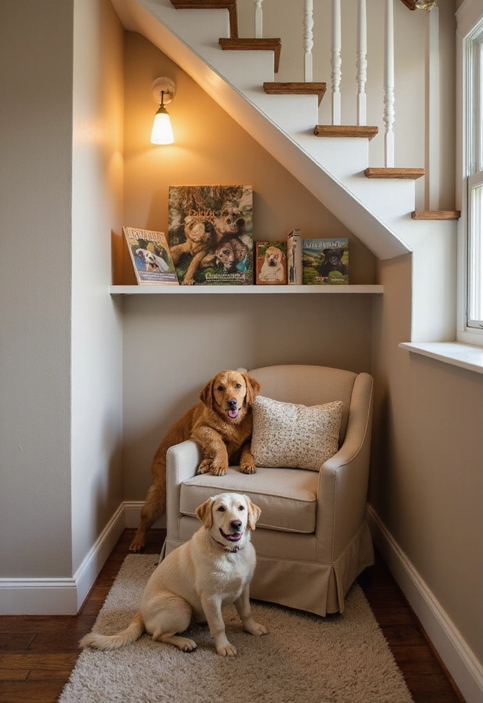 27 Dog Room Ideas Under Stairs - 4. Pet-Friendly Reading Nook