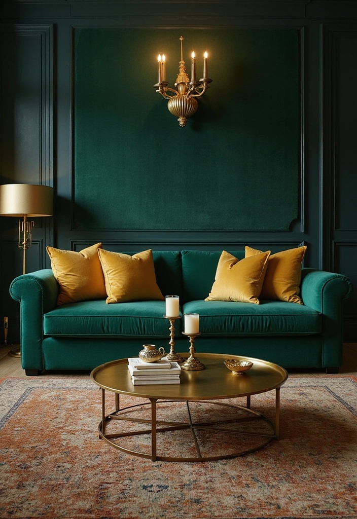 27 Emerald Green and Gold Living Room Ideas - 1. Emerald Green Velvet Sofa with Gold Accents