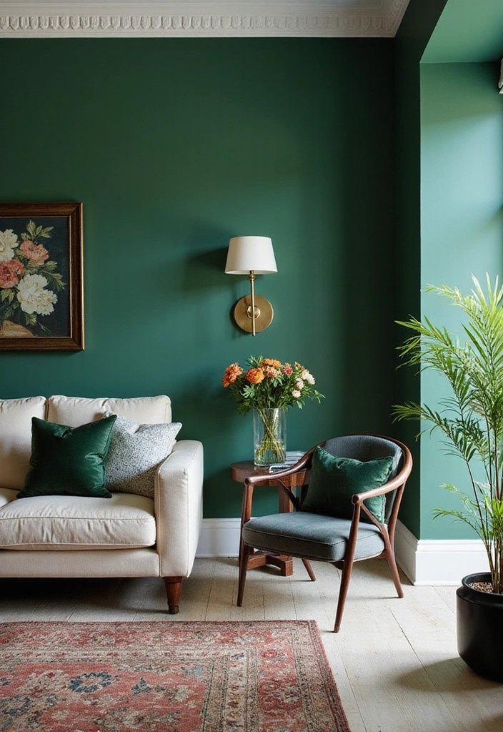 27 Emerald Green and Gold Living Room Ideas - 10. Emerald Green Accent Walls with Gold Decor