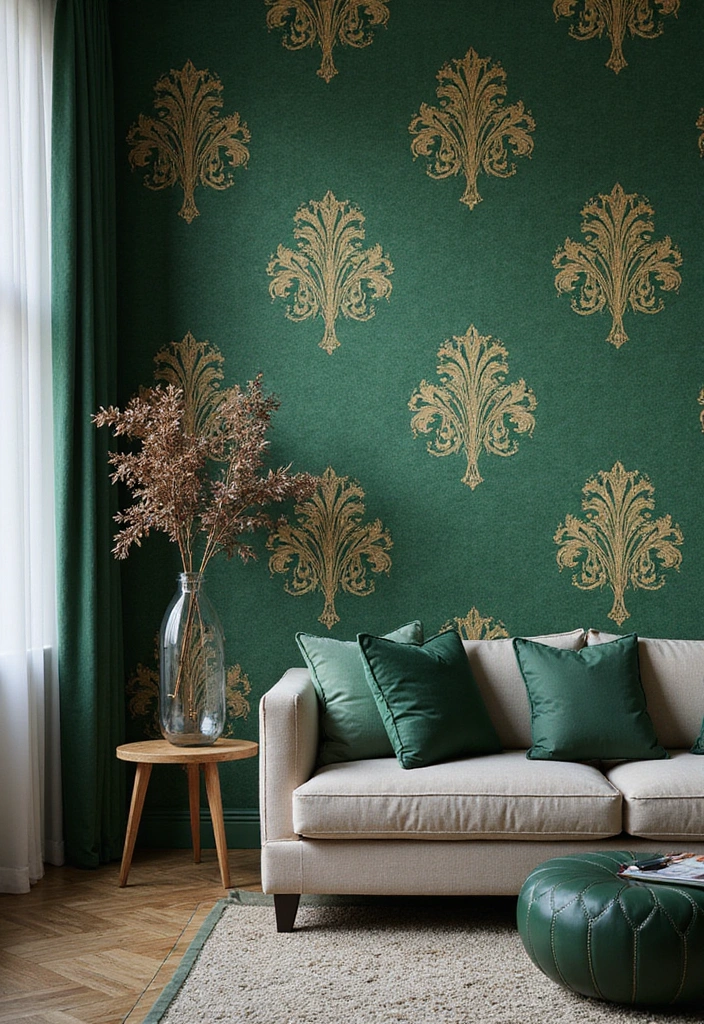 27 Emerald Green and Gold Living Room Ideas - 12. Emerald Green and Gold Wallpaper