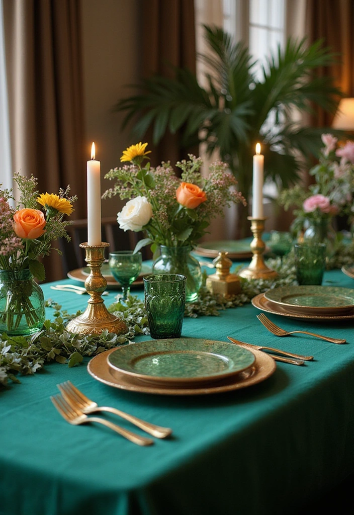 27 Emerald Green and Gold Living Room Ideas - 13. Emerald Green and Gold Table Settings
