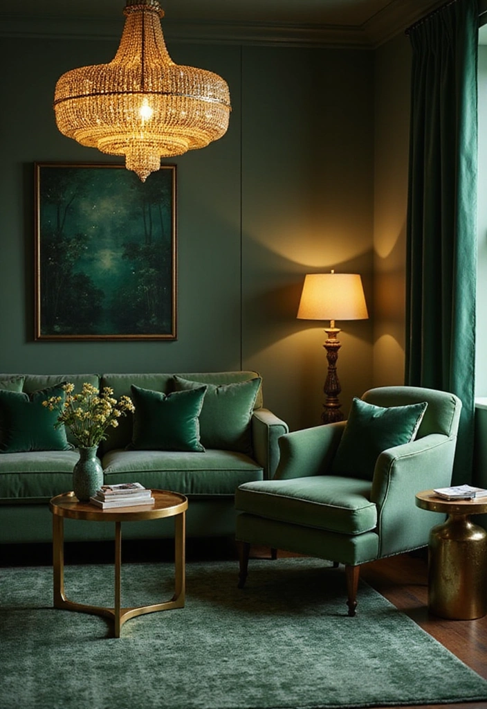 27 Emerald Green and Gold Living Room Ideas - 14. Gold Lighting Fixtures with Emerald Green Accents