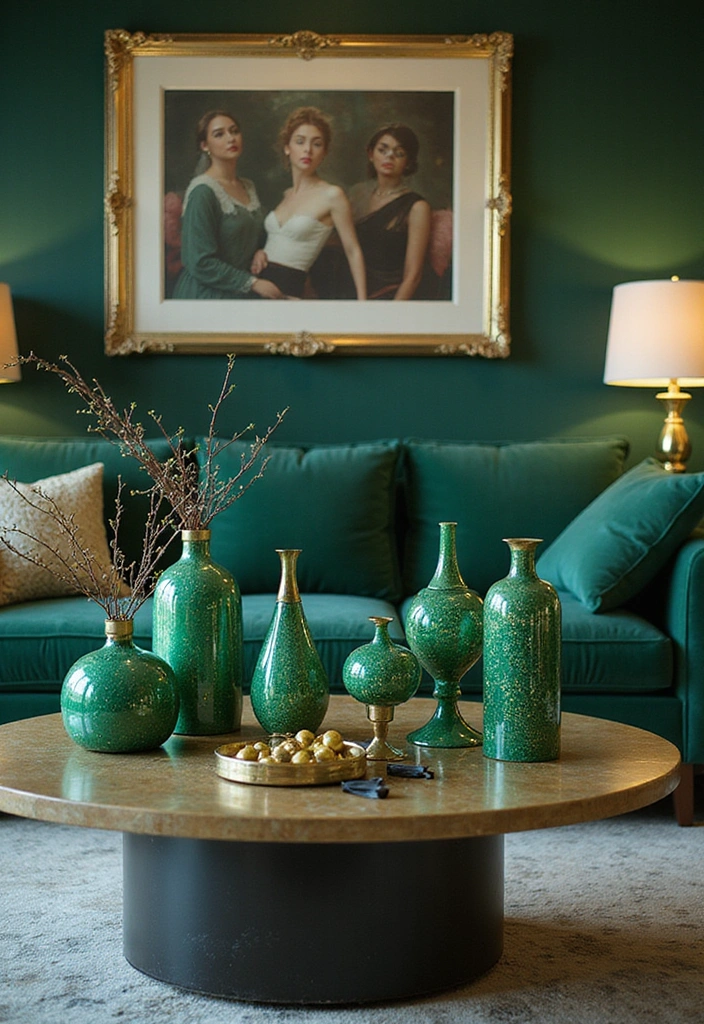 27 Emerald Green and Gold Living Room Ideas - 15. Emerald Green and Gold Decorative Accessories