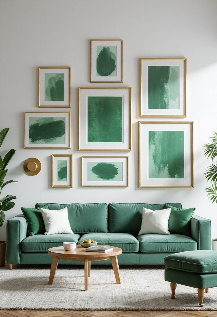 27 Emerald Green and Gold Living Room Ideas - 18. Emerald Green Artwork with Gold Frames