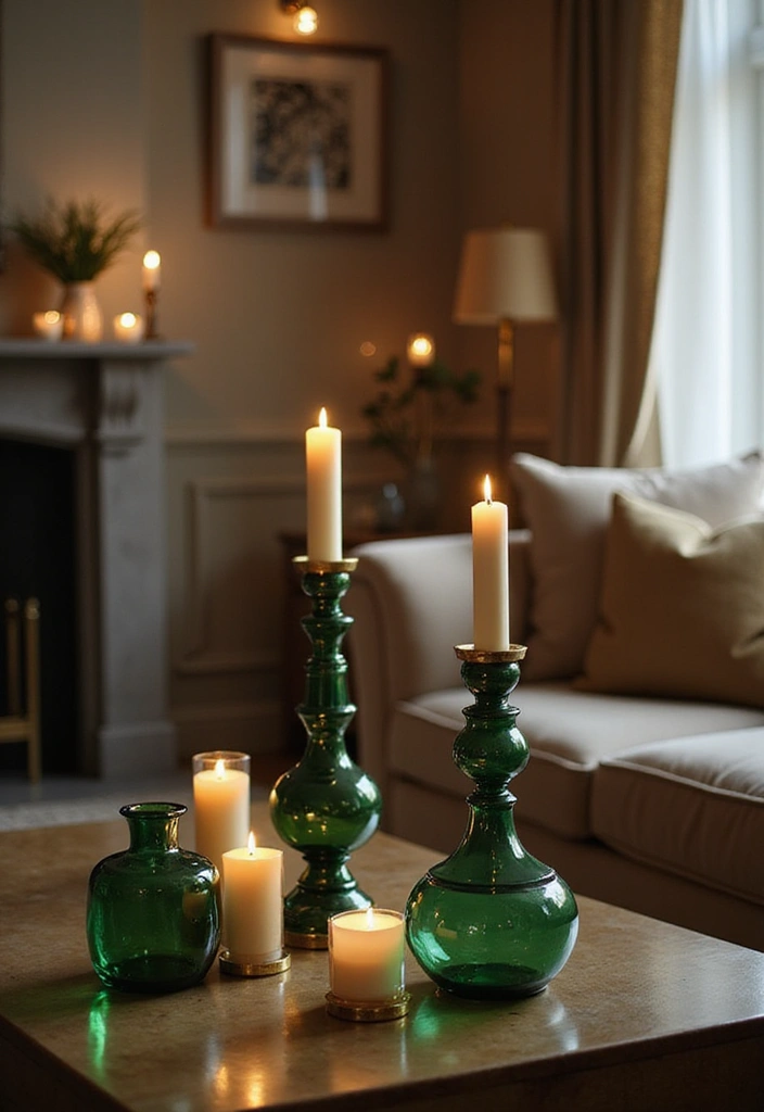 27 Emerald Green and Gold Living Room Ideas - 19. Emerald Green and Gold Candle Holders