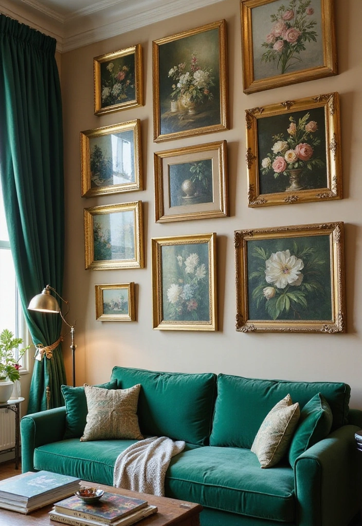 27 Emerald Green and Gold Living Room Ideas - 2. Gold Framed Art with Emerald Green Accents