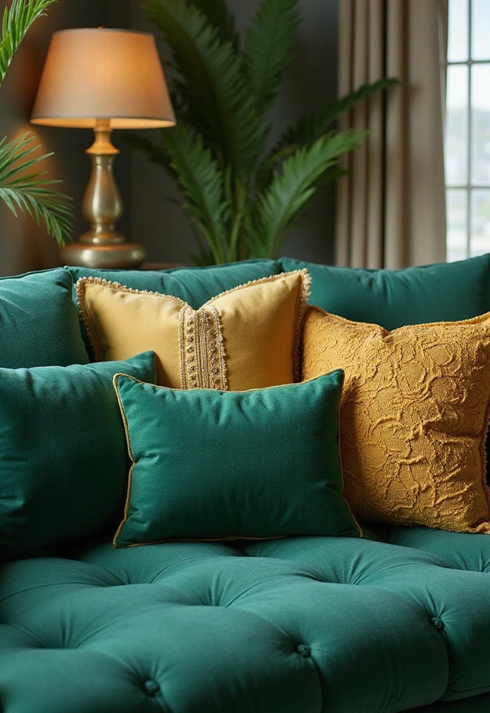 27 Emerald Green and Gold Living Room Ideas - 3. Emerald Green and Gold Throw Pillows