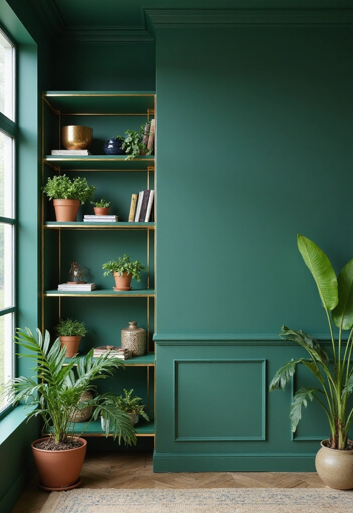 27 Emerald Green and Gold Living Room Ideas - 4. Emerald Green Wall with Gold Shelving