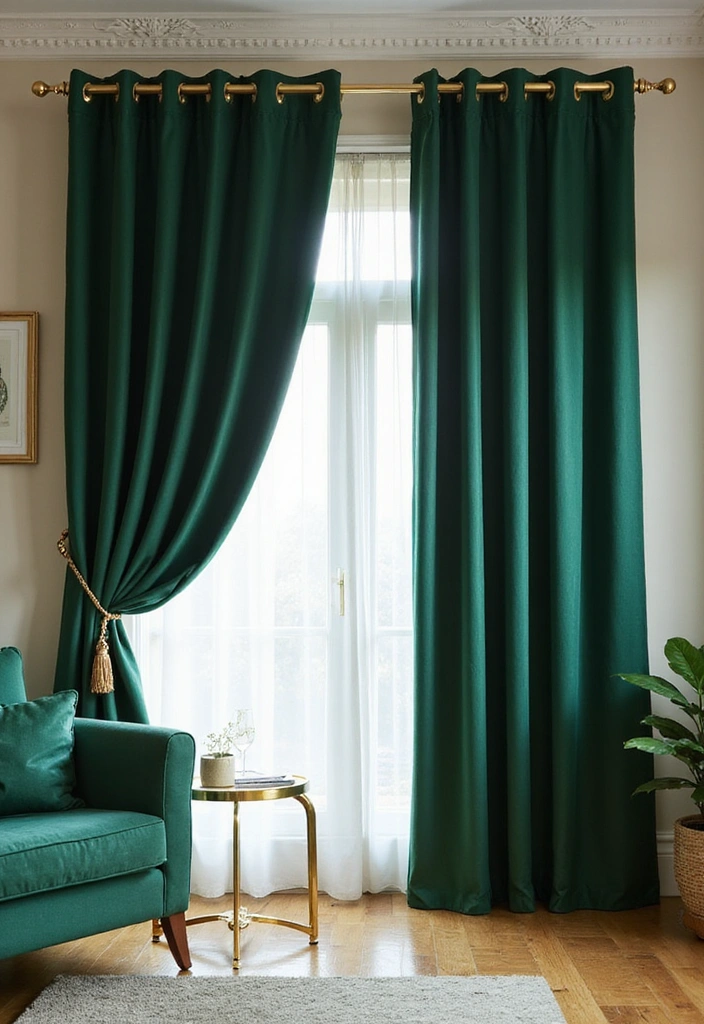 27 Emerald Green and Gold Living Room Ideas - 5. Luxurious Emerald Green Curtains